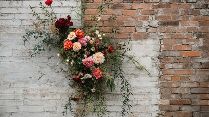 Naklejka premium Vintage wedding floral arrangement on old brick wall showcasing rustic elegance at a ceremony decoration.