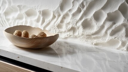 Elegant display of textured white stones in a wooden bowl against a modern surface, showcasing natural beauty and interior design harmony.