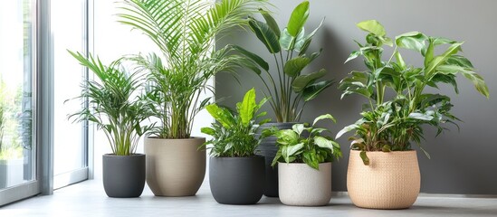 Fototapeta premium Indoor botanical display with a variety of ornamental plants in modern pots showcasing nature's beauty and enhancing interior spaces