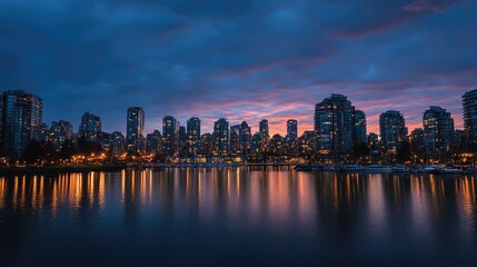 Fototapeta premium Twilight city skyline reflection over calm water with vibrant purple and orange hues illuminating the evening sky