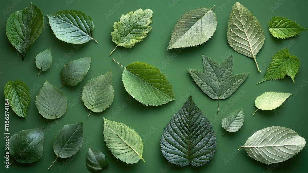 Poster diverse green leaf shapes displayed on green background for nature and botany themes