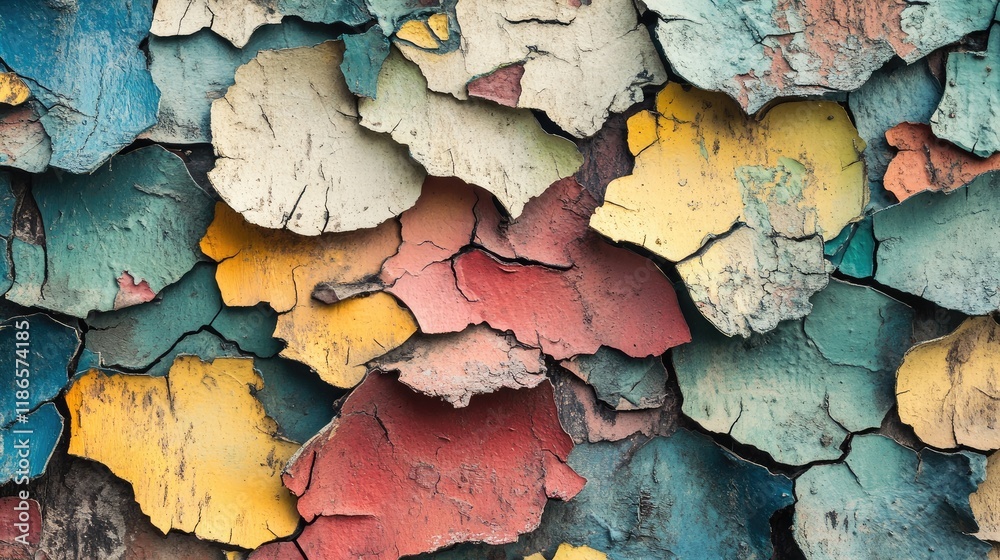 Poster Wood background texture featuring vibrant peeling paint in a rustic vintage style. Ideal for creative projects and design applications.