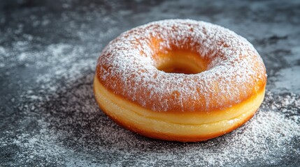 Delicious powdered donut on textured gray background showcasing a sweet treat for dessert lovers everywhere.