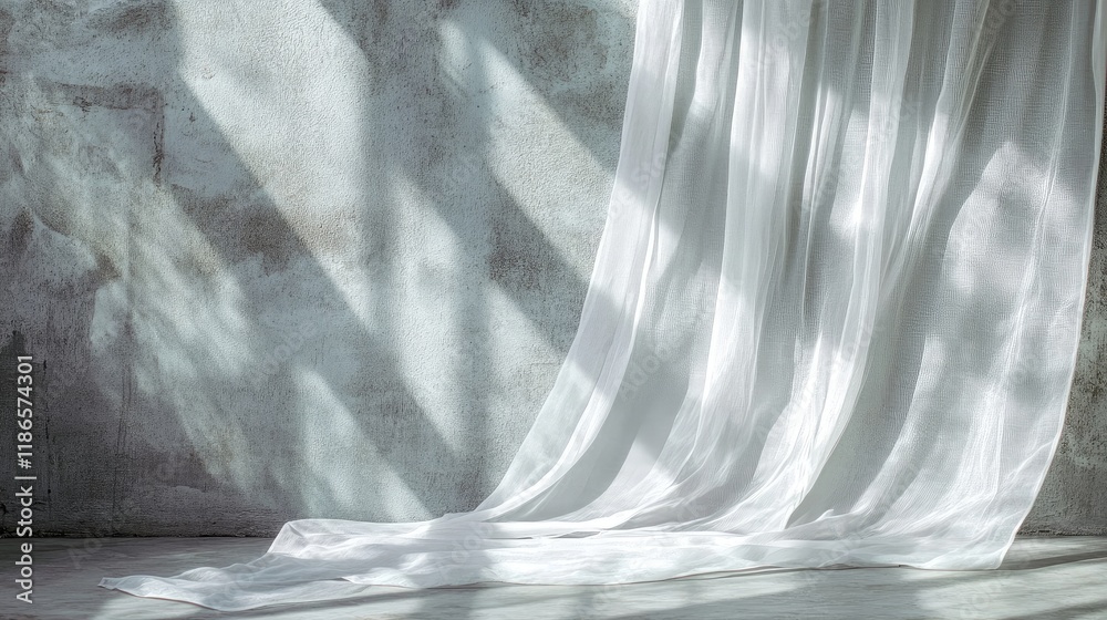 Aufkleber Translucent white curtains draping softly on a gray concrete wall creating delicate shadow patterns in natural light