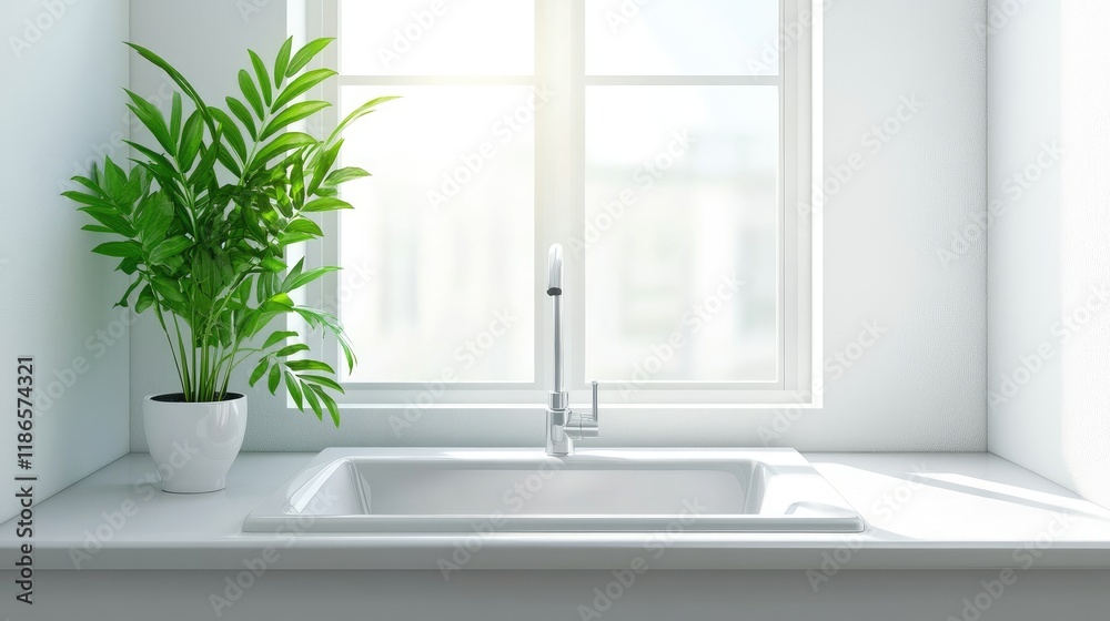 Poster minimalist white sink with modern faucet surrounded by natural light and green plants creating a ref
