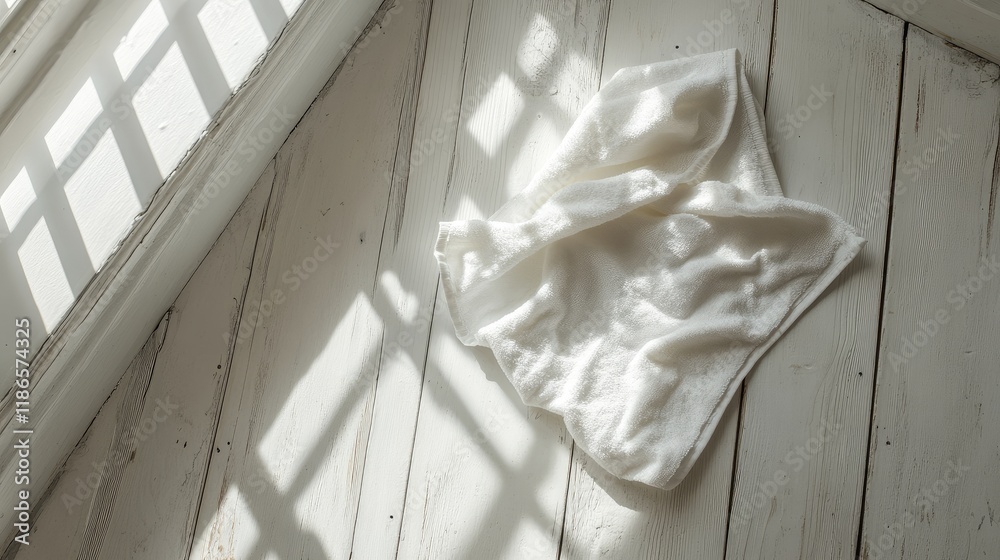 Poster white fabric draped on sunlit wooden floor with shadow patterns