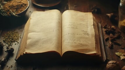 Antique cookbook open on wooden table with spices.