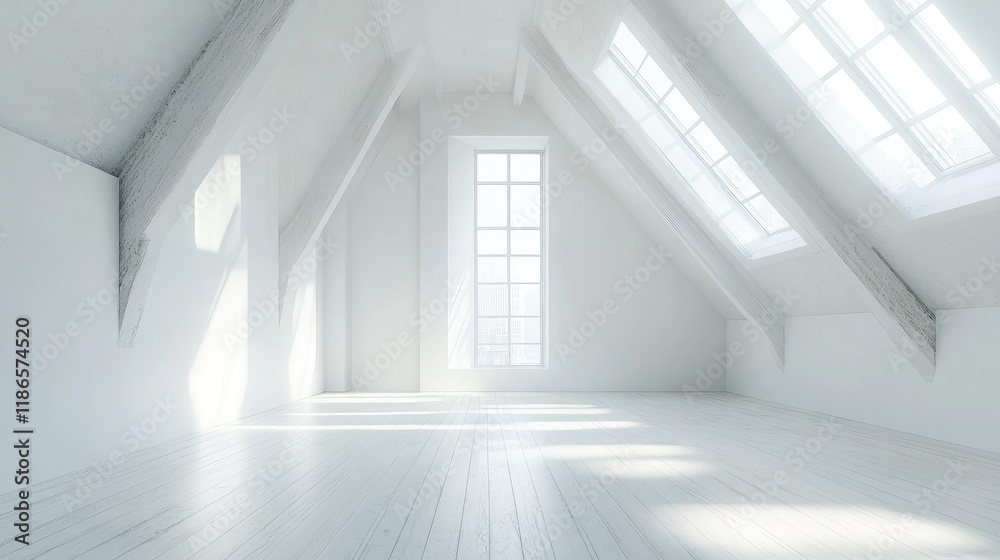 Poster bright minimalist loft with skylights and ample copy space for interior design use