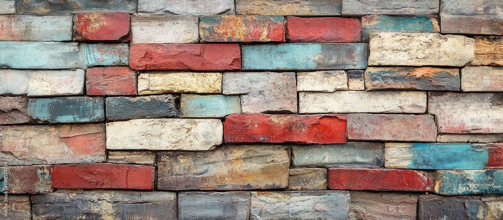 Poster Weathered multicolored brick wall with rustic textures ideal for backgrounds or architectural design projects.