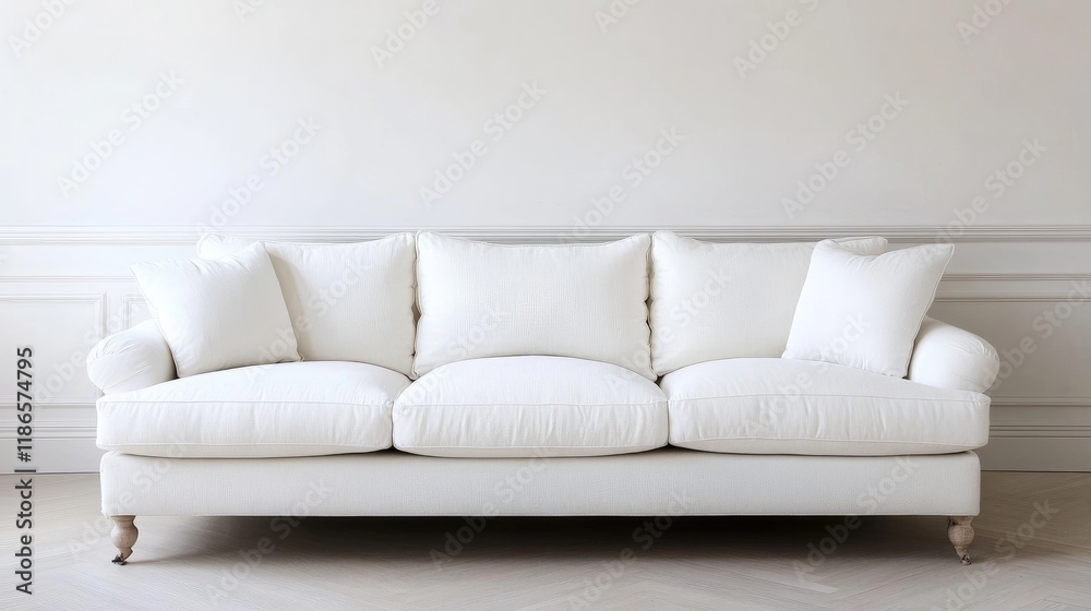 Poster modern white sofa adorned with plush cushions set against a minimalist white wall for a serene inter