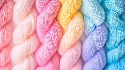 Pastel Rainbow Yarn Skeins in Soft Shades of Pink Yellow and Blue for Crafting and Knitting Projects