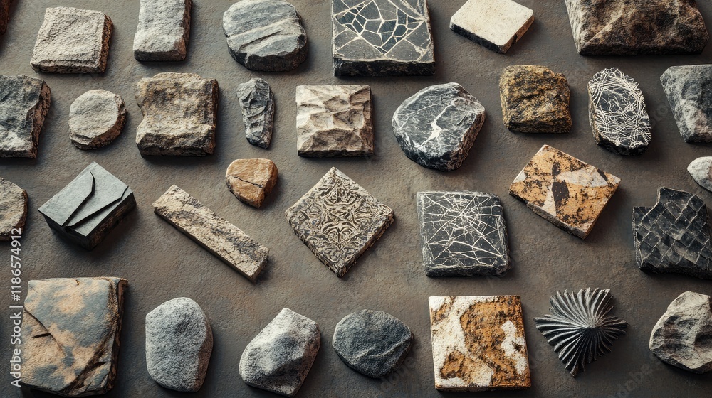 Poster Assorted vintage stone fragments with unique patterns and textures arranged on a neutral surface for artistic background and design inspiration
