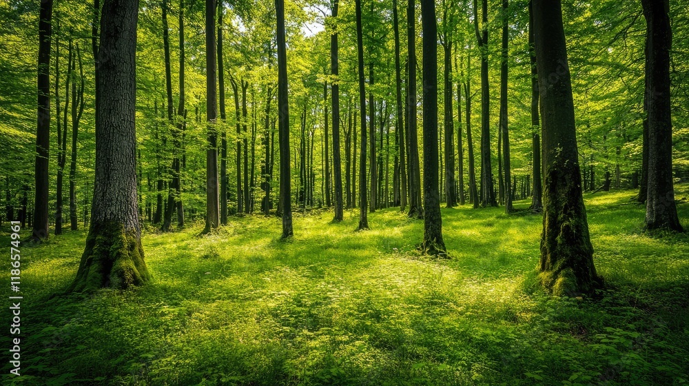 Poster lush summer forest with vibrant green trees and sunlight filtering through the canopy