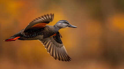 Fototapeta premium Gadwall flying on sky isolated on white background
