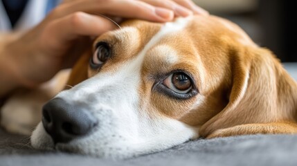 Veterinarian provides gentle care to beagle dog during health check up ensuring comfort and well being of the pet.