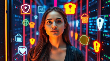 Woman surrounded by digital security icons in a server room.  Data protection and cybersecurity...