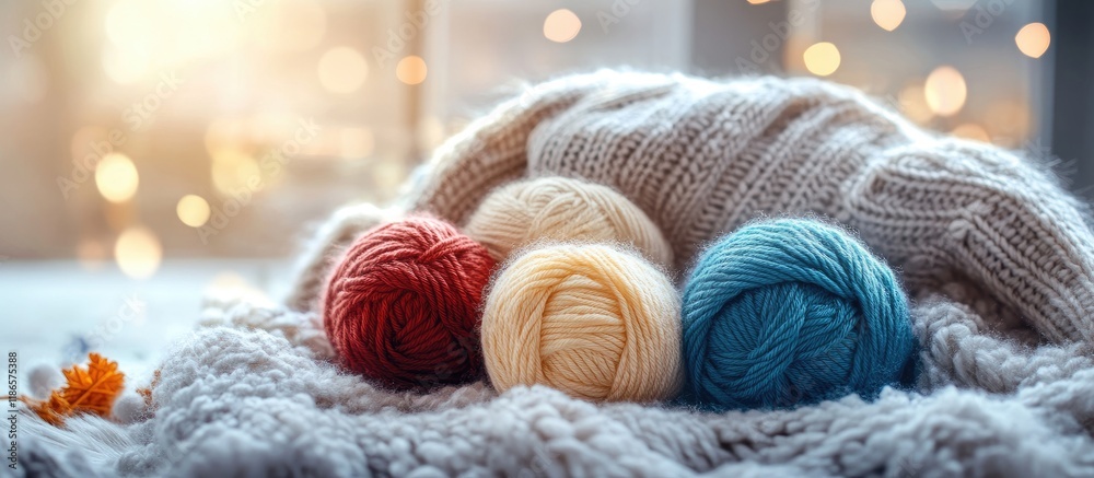 Poster cozy winter scene with colorful yarn balls and soft textures illuminated by warm natural light in a 