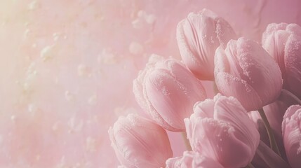 Obraz premium Soft pink tulips on pastel background with blurred vintage tones for serene floral aesthetic and delicate romantic atmosphere