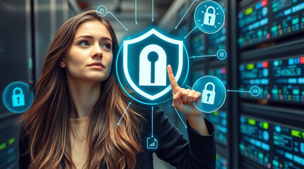 Woman interacts with digital security interface, showcasing data protection and cybersecurity concepts in a modern data center.