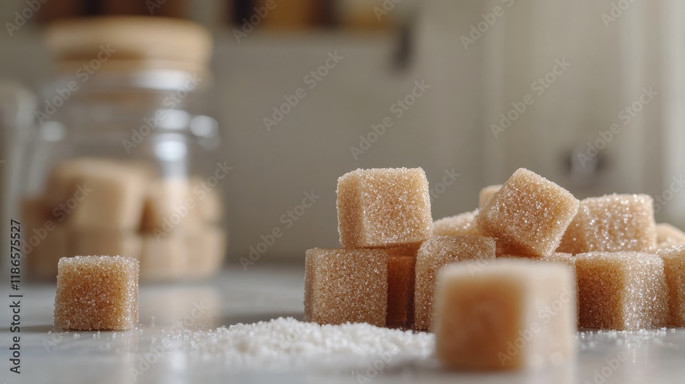 Aufkleber brown sugar cubes scattered on a marble surface with a glass jar in the background creating a cozy k