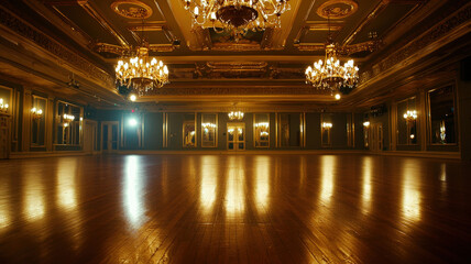Obraz premium A grand ballroom with a polished wooden floor, gilded mirrors reflecting warm light, and ornate chandeliers hanging from a high, intricately decorated ceiling. 