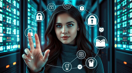 Woman interacts with holographic interface, data security and technology concept. Futuristic server room background.