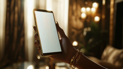 Fototapeta na wymiar Female hand holding smartphone in elegant room with warm lighting