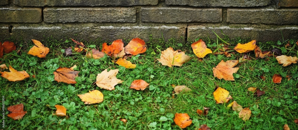 Aufkleber weathered brick wall adorned with vibrant green grass and colorful autumn leaves creating a serene n