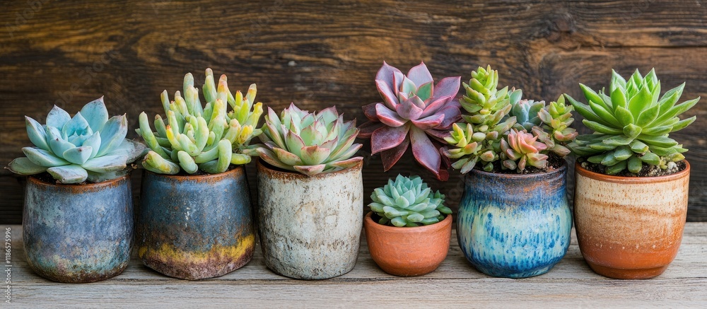 Poster succulent plants arranged in decorative pots on a rustic wooden table enhancing a tranquil and styli