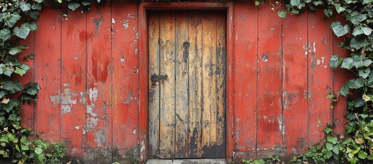 Weathered red wooden wall with old wooden door and ivy.