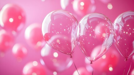 Glossy transparent balloons on a vivid pink background creating a festive and elegant atmosphere for celebrations and special occasions