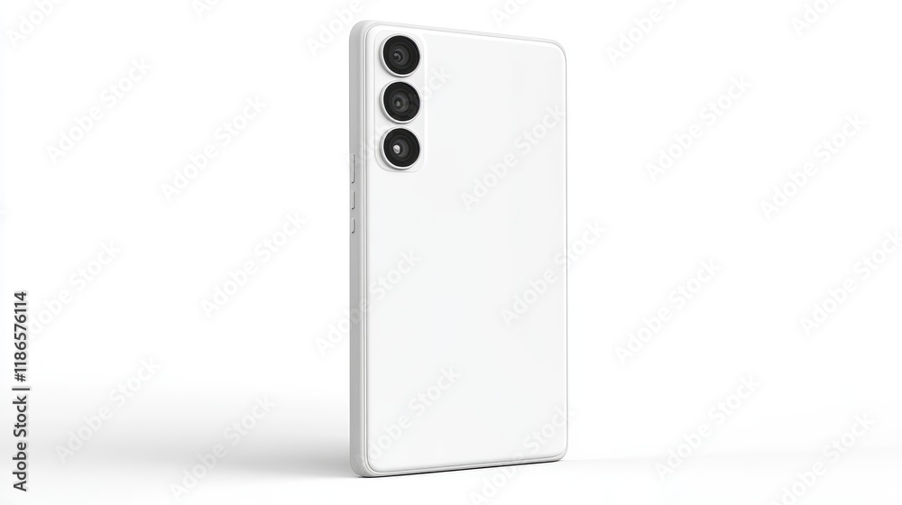 Poster sleek white smartphone design with three rear cameras isolated on clean white background for modern 
