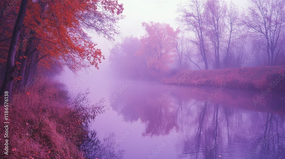 Poster misty autumn river landscape with violet fog and vibrant foliage reflections creating a serene and t