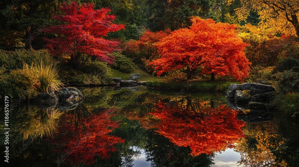 Poster autumn serenity reflecting maple trees and vibrant fall foliage in tranquil garden pond scenic view