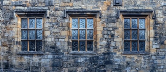Weathered windows with intricate stonework on a historic castle wall showcasing architectural beauty and craftsmanship in ancient design.