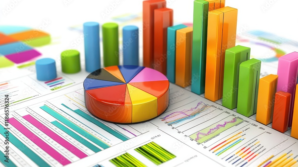 Poster colorful data visualization with charts and graphs - this image showcases various colorful charts an