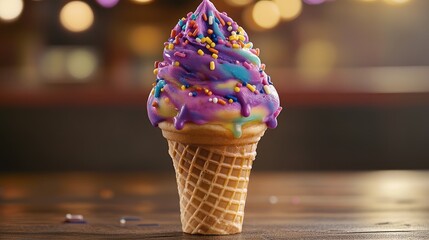 Colorful ice cream cone with vibrant swirls and colorful sprinkles set against a blurred festive background