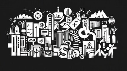 Obraz premium Creative illustration of financial symbols and concepts in black and white illustration