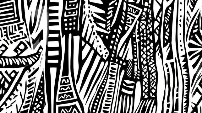 Abstract black and white geometric pattern with tribal and ethnic motifs.