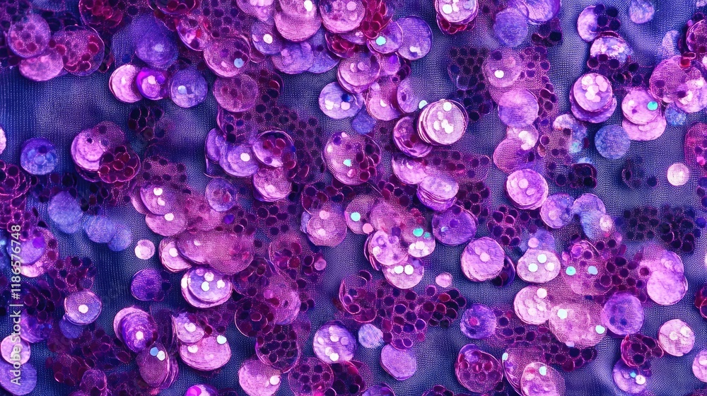 Poster Vibrant violet sequins intricately embroidered on a textured fabric background creating a stunning visual display