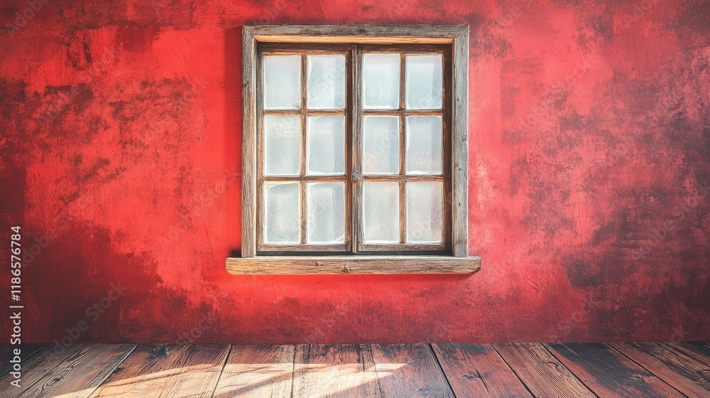 Poster rustic wooden window on a textured red cement wall with sunlight casting shadows on a wooden floor c