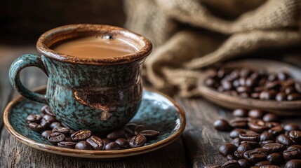 Turkish coffee in traditional cup with coffee beans on wooden table ambiance rustic warm tones