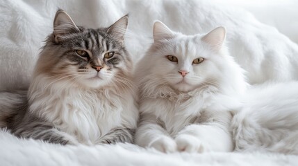 Two gentle cats peacefully cuddling on a soft blanket highlighting their beautiful fur textures and serene expressions.
