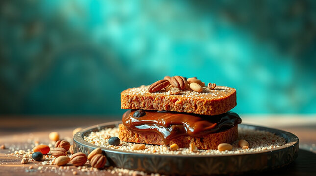 Delicious dessert: two slices of bread with chocolate spread, nuts, and seeds on a rustic plate.