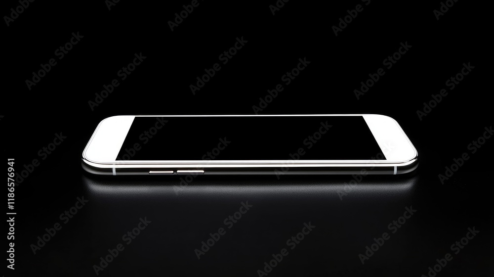 Aufkleber Modern white smartphone with blank screen displayed on a sleek black surface against a dark background for technology concepts.