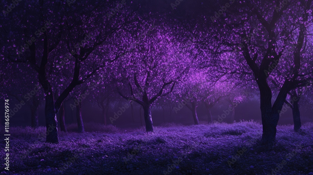 Aufkleber Mystical violet trees in a twilight forest creating an enchanting serene atmosphere with vibrant hues and soft lighting effects.