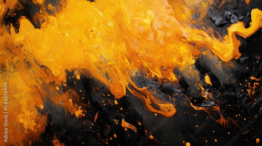 Aufkleber Colorful abstract background with vibrant orange and black paint swirls creating a dynamic textured wall for creative design projects.