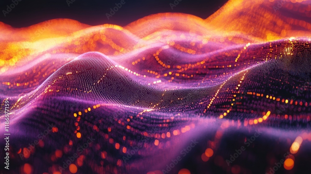 Poster Abstract digital landscape showcasing vibrant waves of data flow and connectivity representing advanced computer memory and information processing.