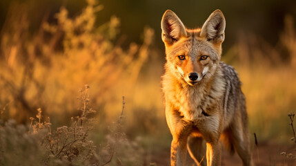 Fototapeta premium Capturing the Spirit of the Wild: An Alarmed Jackal in its Natural Wilderness Habitat at Sunset