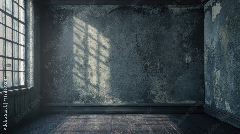 Poster abandoned room with vintage grey wall textures and sunlight casting shadows through a large window i